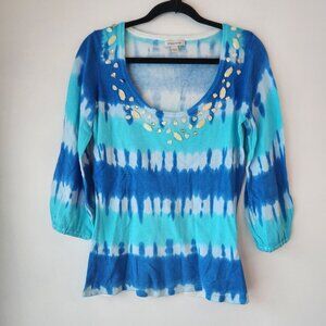 Boston Proper Blue Tie-Dye Beaded Sweater Blouse Top Shirt Women's M
